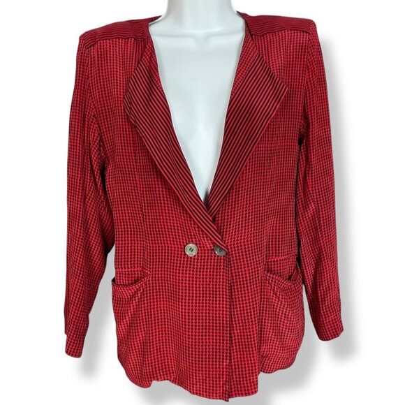 Vintage Silk Blazer Top John Yang Double Breasted Red Black Houndstooth 1980s - Picture 1 of 15